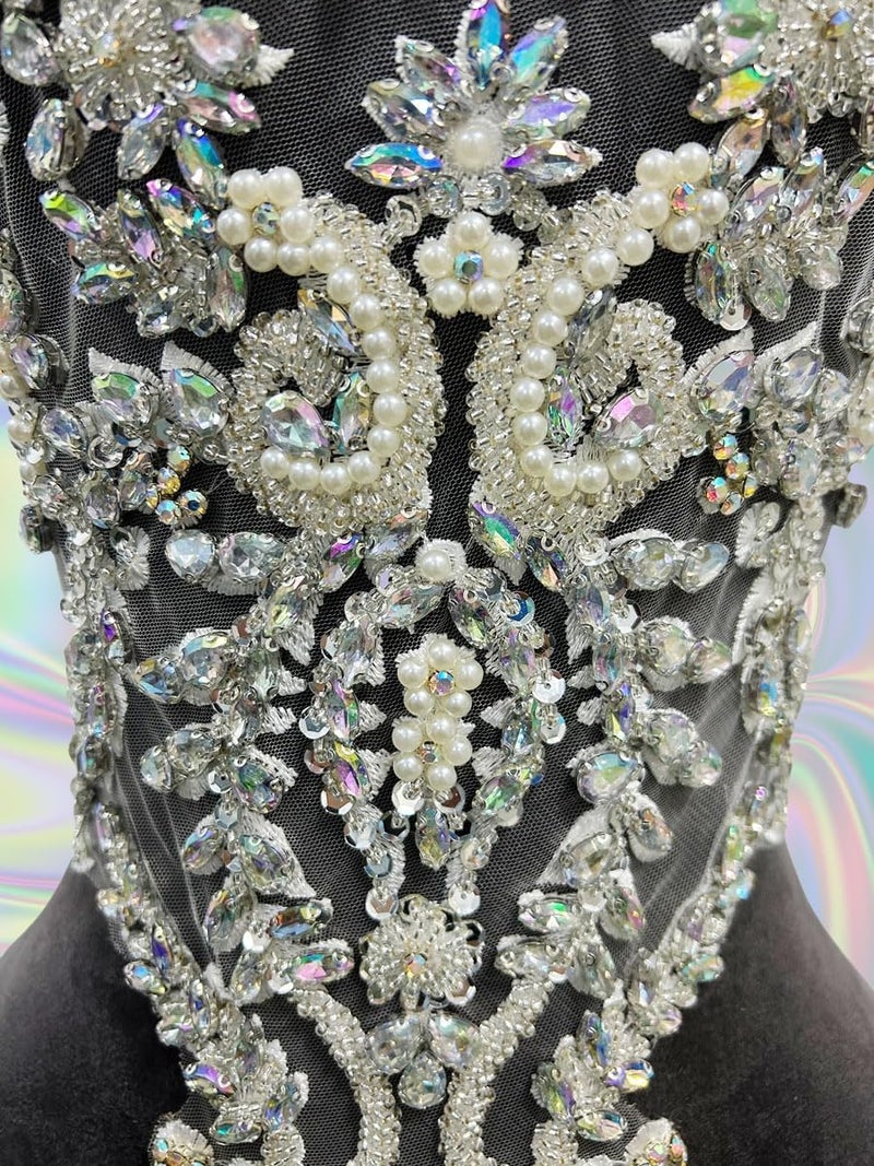 ArtistryXB Handmade Rhinestones Lace Bodice Applique Sew on Beads Sequins Trimming Patches for Dress Clothing Accessories 1Pcs/Bag (Clear AB) - Image 5